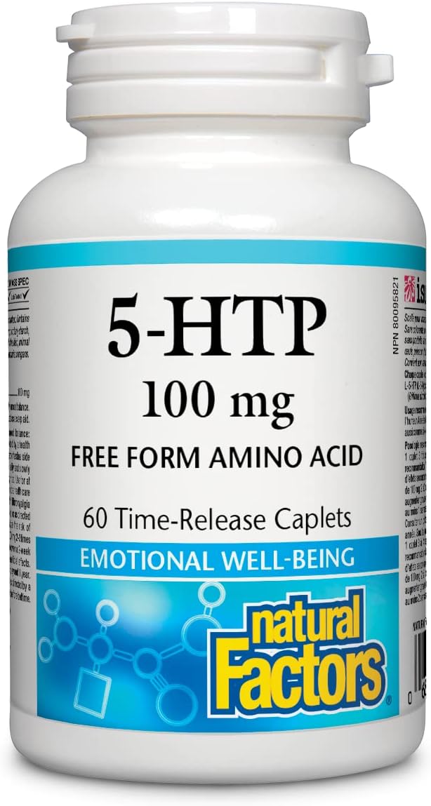 Natural Factors, 5-HTP 100 mg | Promotes a Calm Relaxed Mood, Positive Outlook | Non-GMO, Enhances Production of Serotonin (60 Time Release Caplets)