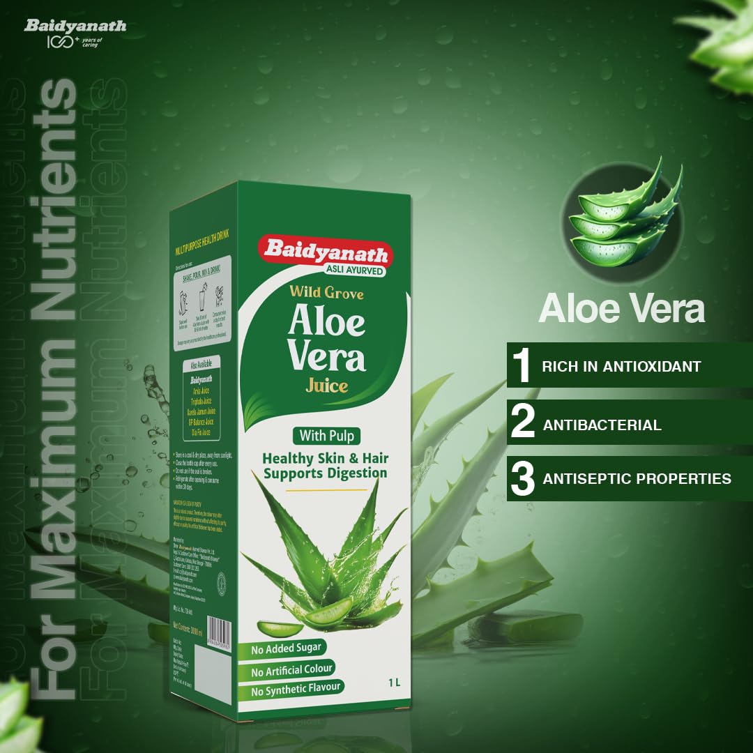 Baidyanath Aloe Vera Juice (with Pulp)- 1000ML | No Added Sugar | Source of Natural Nutrients, Boosts Immunity & Digestion