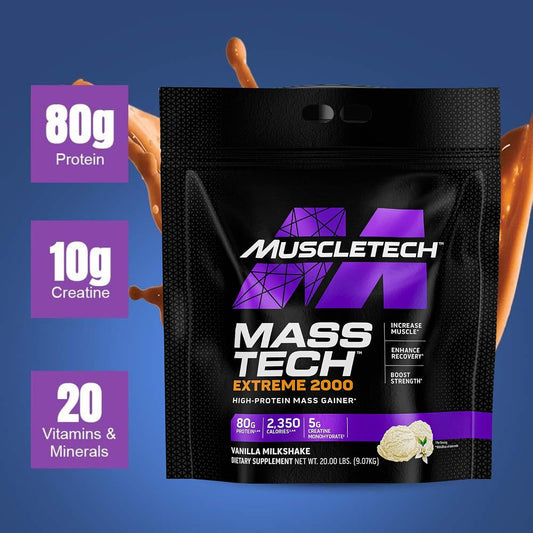 Mass Gainer Protein Powder, MuscleTech Mass-Tech Extreme 2000, Muscle Builder Whey Protein Powder, Protein + Creatine + Carbs, Max-Protein Weight Gainer for Women & Men, Vanilla, 20 lbs 9kgs
