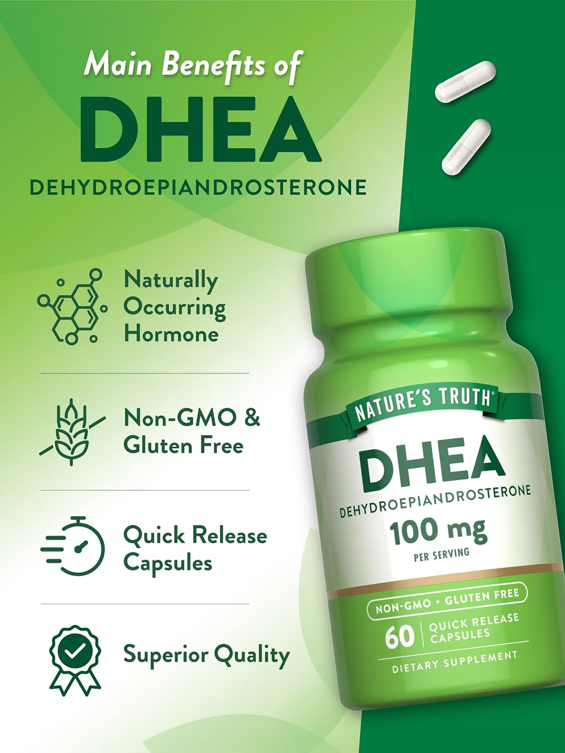 Nature's Truth DHEA | 100mg | 60 Capsules | Non-GMO & Gluten Free Supplement