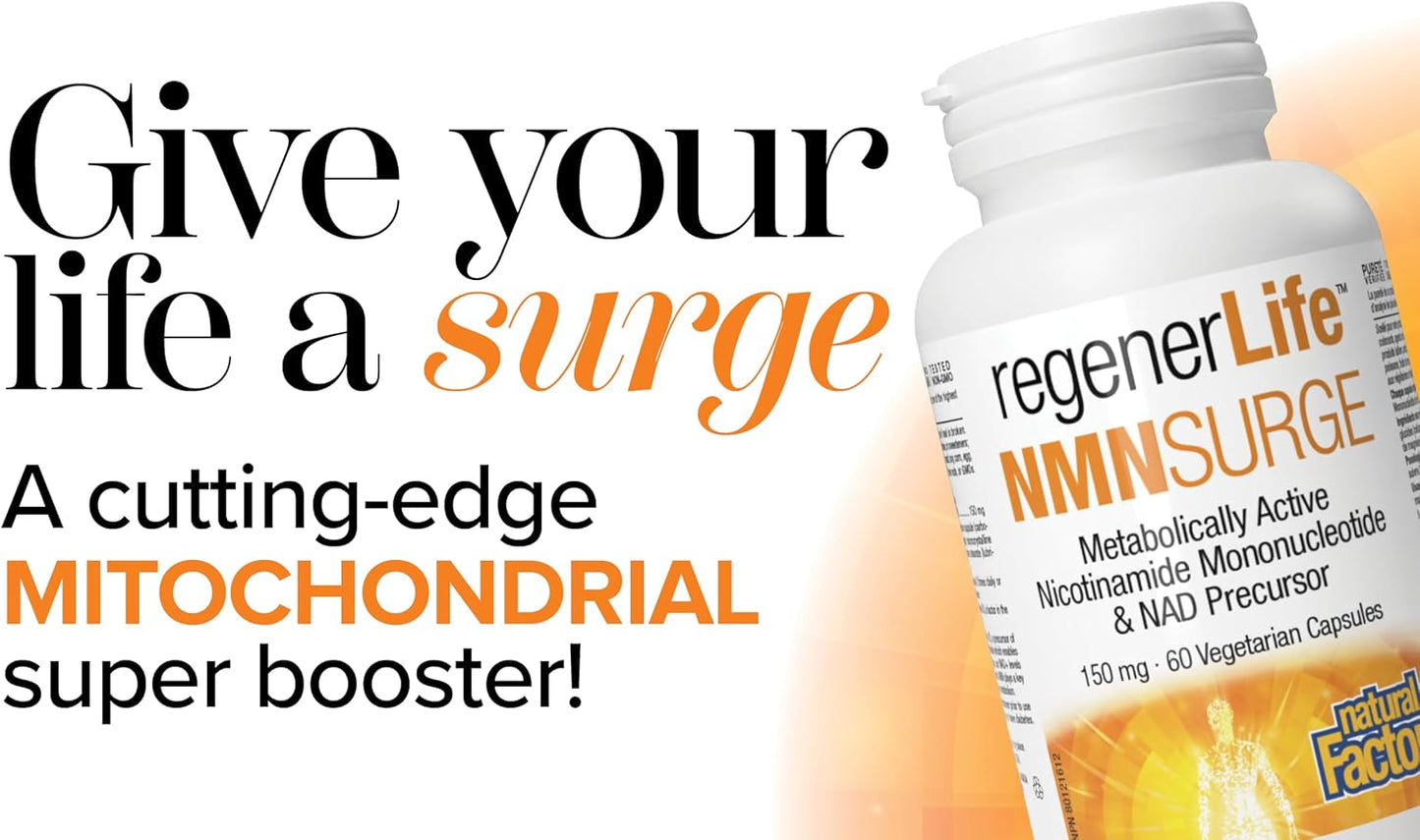 Natural Factors Regenerlife NMN SURGE 150mg 60 Vegetarian Capsules | Beta Nicotinamide Mononucleotide - The Most Active Form of NMN, Source of Vitamin B3, NAD Precursor