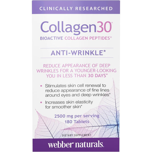 Webber Naturals Hydrolyzed Collagen Peptides, Anti-Wrinkle, 180 Tablets | Bioactive Collagen30, 60 Days Supply, Helps Reduce Deep Wrinkles, Fine Lines,