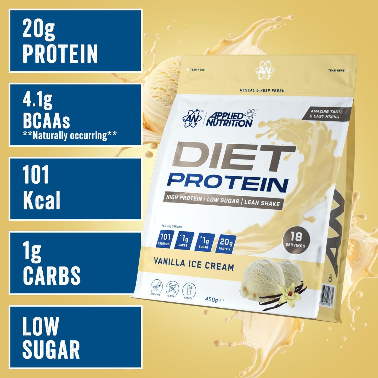 Applied Nutrition Diet Whey - High Protein Powder Supplement, Low Carb & Sugar, for Weight Management with CLA, L Carnitine, Green Tea (450g - 18 Servings) (Vanilla)