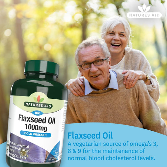 Natures Aid Flaxseed Oil 1000mg – 180 Capsules | High Strength Omega-3 Softgels, Supports Heart & Brain Function, Cold Pressed Essential Fatty Acids, Vegan