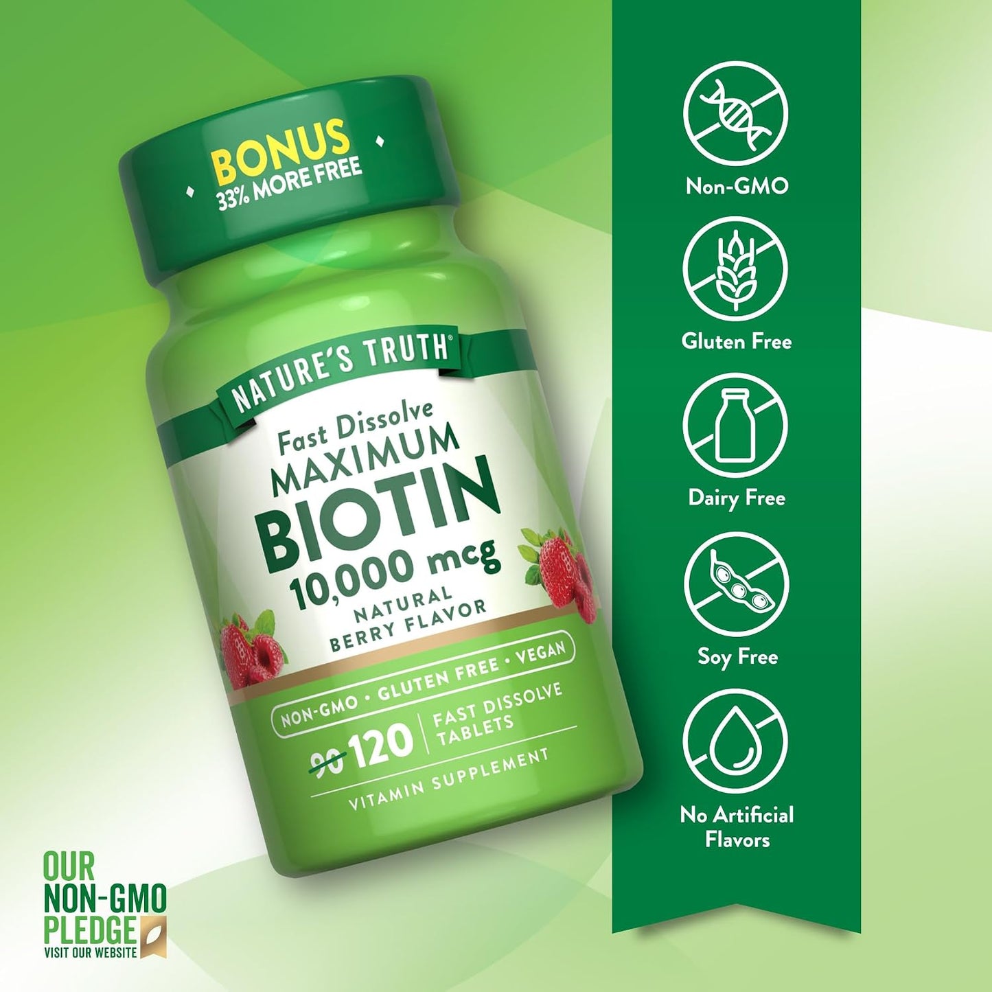 Nature's Truth Biotin 10000mcg | 120 Fast Dissolve Tablets | Maximum Strength | Natural Berry Flavor