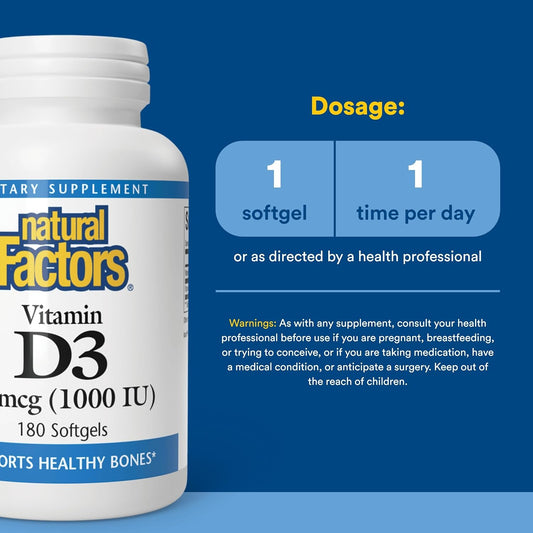 Natural Factors, Vitamin D3 1000 IU (25 mcg), Supports Strong Bones, Muscles and Immune Function, 180 Tablets