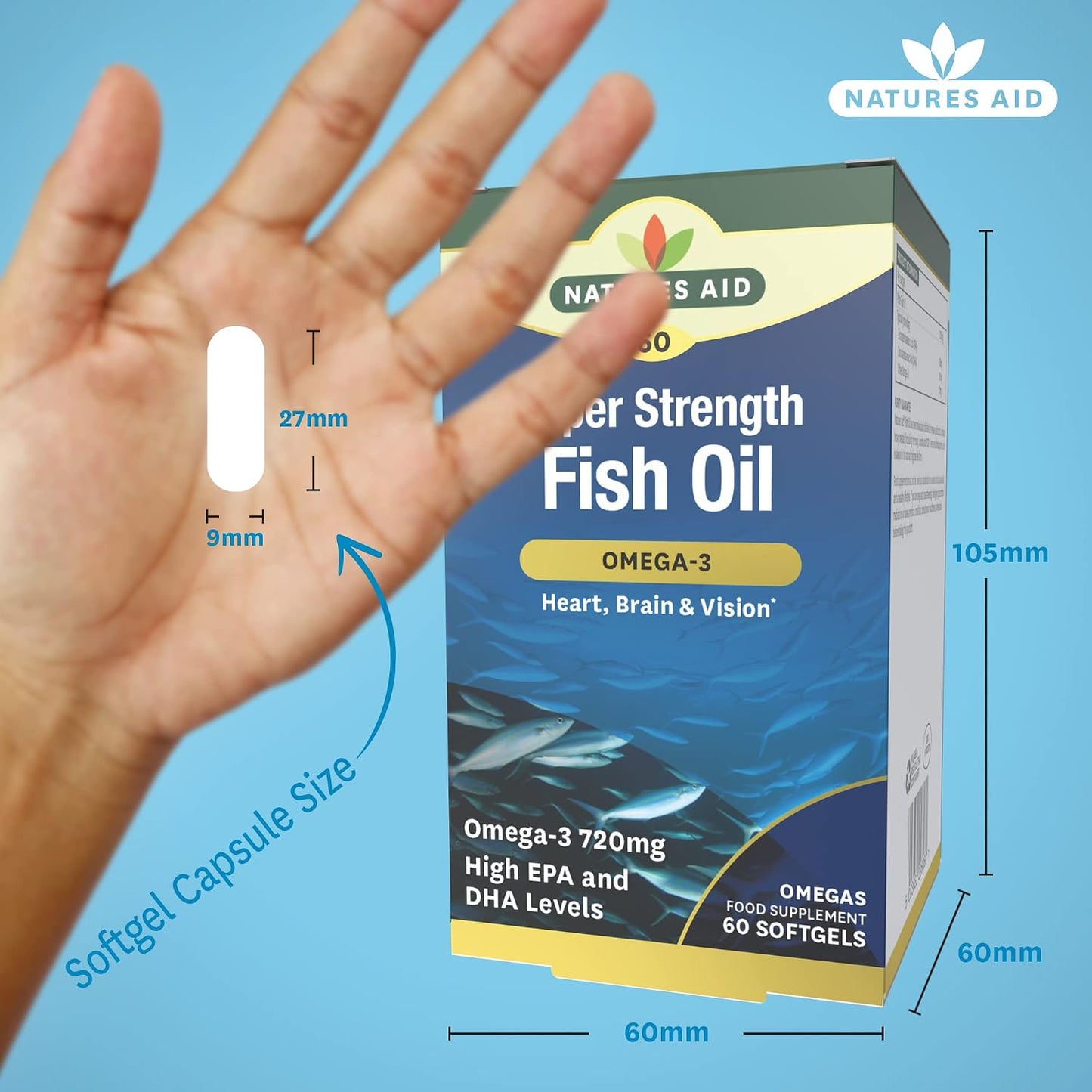 Natures Aid Super Strength Omega-3 Fish Oil 1200mg – 60 Softgels | 388mg EPA & 260mg DHA, Supports Heart, Brain & Vision, High Strength Omega-3, Non-GMO