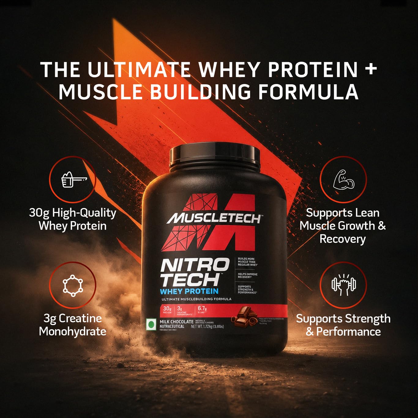 MuscleTech Nitro-Tech Whey Protein, 1.81kg (4lbs)-41 servings Milk Chocolate, 30g Protein, 3g creatine monohydrate, BCAA, ultimate muscle building formula, increase strength & performance