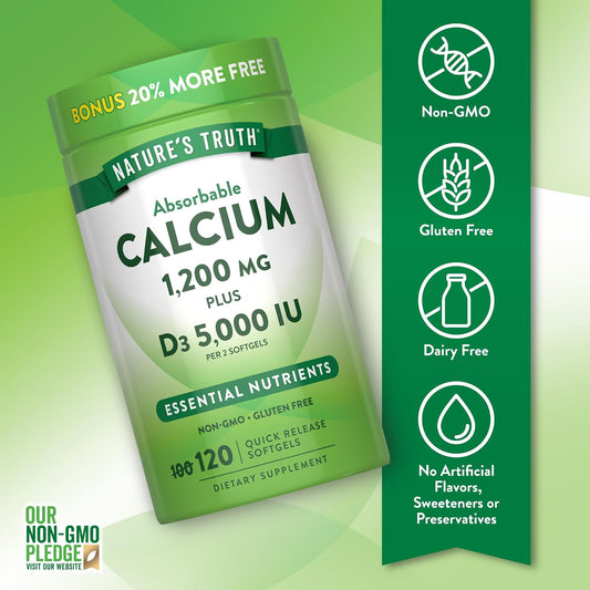 Nature's Truth Absorbable Calcium | 1200 mg | with Vitamin D3 5000 IU | 120 Softgels | Calcium Carbonate | Non-GMO & Gluten Free