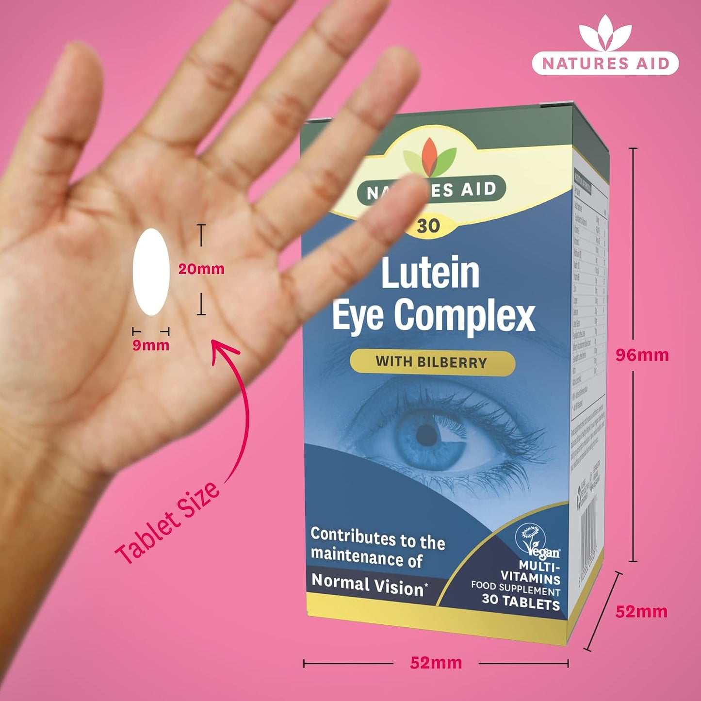 Natures Aid Lutein Eye Complex Supplement – 30 Tablets | High Strength Vision Support with Bilberry, Zinc & Vitamins C, E, Antioxidant, Vegan, No Artificial Additives