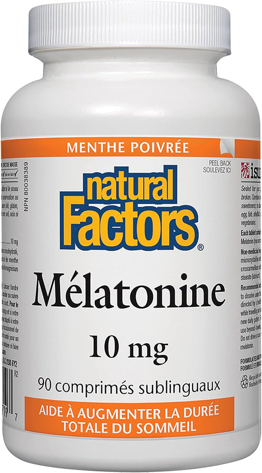 Natural Factors Melatonin 10mg, 60 Sublingual Tabs, Peppermint | Helps Increase Total Sleep Time, Reduces Effects of Jet Lag, Vegetarian, Non-GMO, Gluten Free