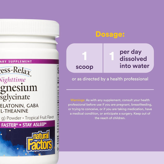 Natural Factors Stress-Relax Nighttime Magnesium Bisglycinate - Supports Sleep & Relaxation* - with Melatonin, L-Theanine & GABA - Tropical Flavor 120G