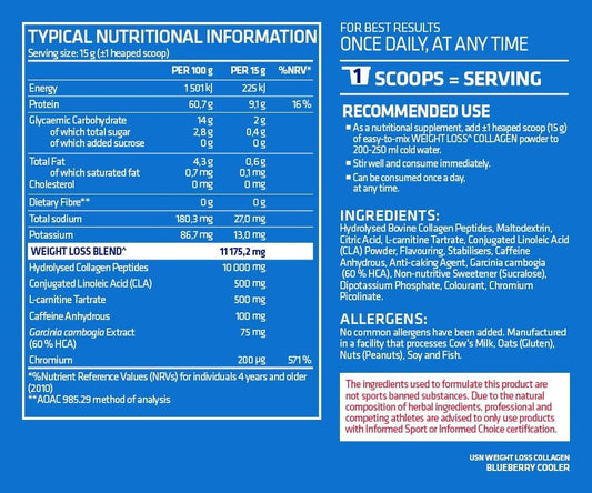 USN Wellness Blueberry Cooler Flavoured Weight Loss Collagen Powder 300 g-Boost Your Beauty & Burn Fat Naturally