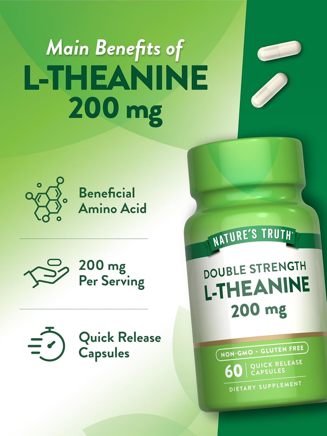 Nature's Truth L Theanine | 200mg | 60 Quick Release Capsules | Non-GMO & Gluten Free Supplement | Non-GMO & Gluten Free
