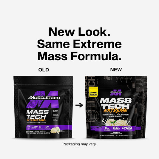 MuscleTech High-Protein Mass Gainer - Vanilla Milkshake, 6LB | Mass Tech Extreme 2000 Weight Gainer Protein Powder for Increased Muscle, Enhanced Recovery & Strength