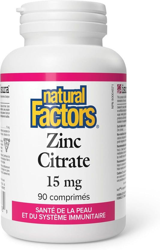 Natural Factors Zinc Supplements 15mg, 90 Tablets | Zinc Citrate, Healthy Skin & Immune Support, Vegan, Gluten Free, Non-GMO