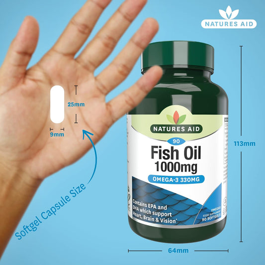 Natures Aid Omega-3 Fish Oil 1000mg – 90 Softgel Capsules | High Strength Omega-3 with DHA & EPA, Supports Heart, Brain, Vision, Immune & Joint Health