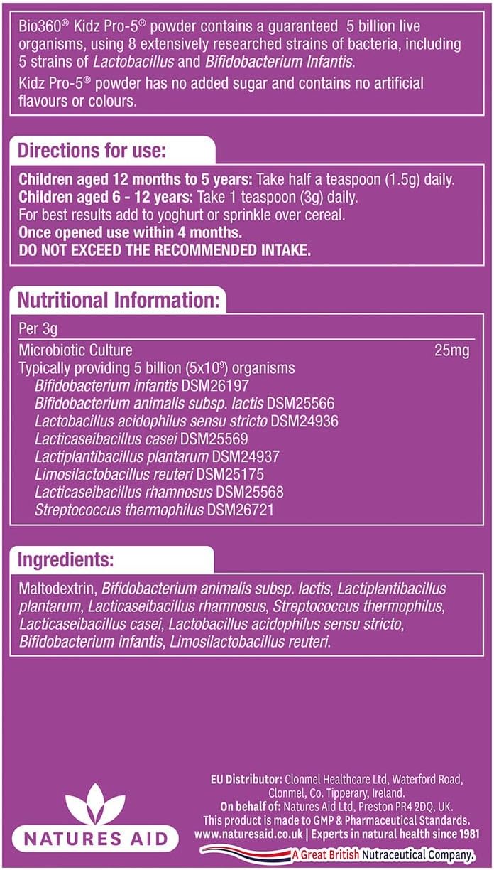Natures Aid Bio360 Kidz Pro-5 Daily Microbiotic Supplement Powder - 90g | 5 Billion Friendly Bacteria, For Children 12 Months-12 Years, Sugar Free, Vegan