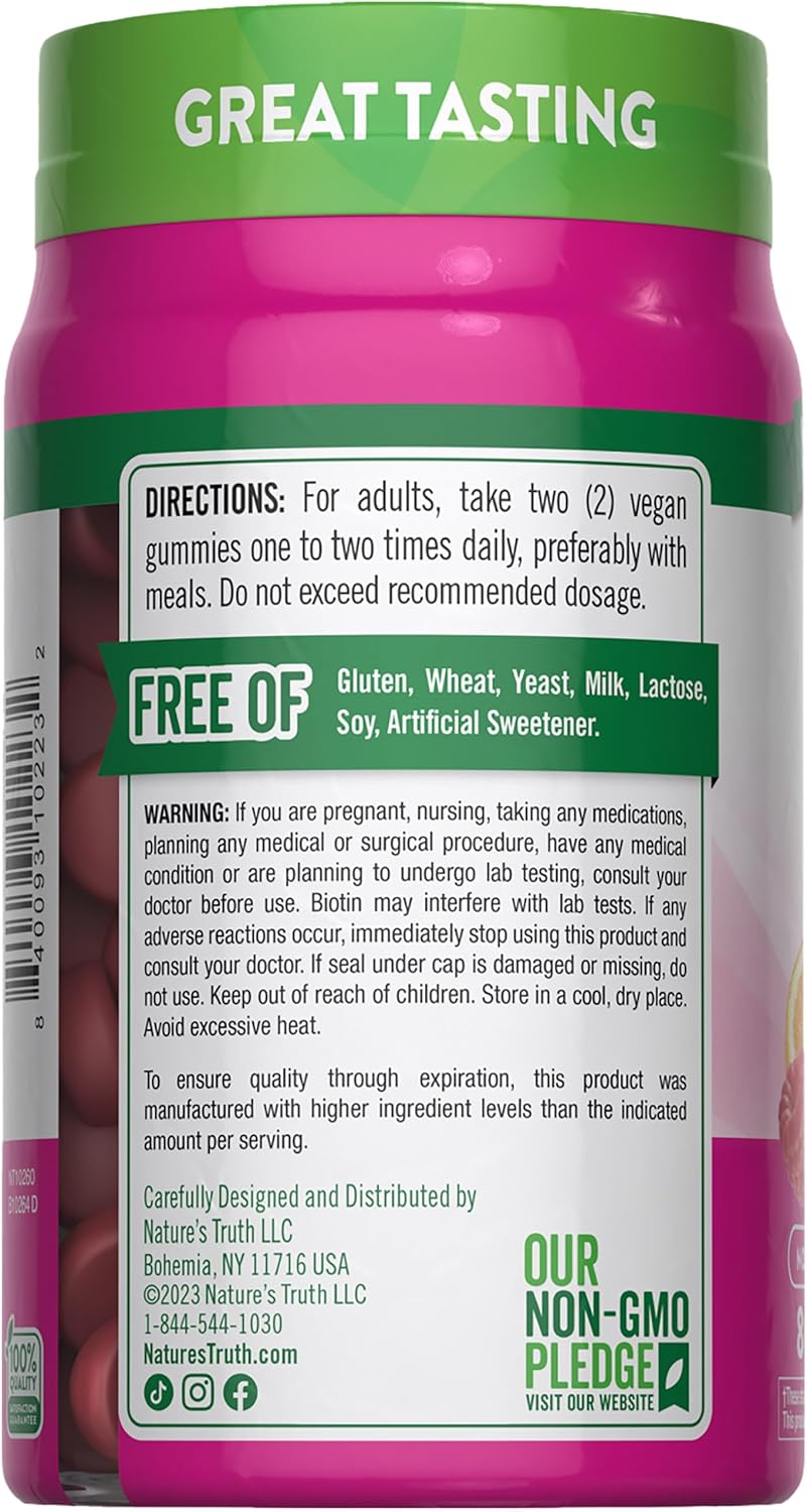 Nature's Truth Hair Skin and Nails Gummies | 80 Count | 2500mcg of Biotin | Vegan, Non-GMO, Gluten Free Supplement | Vitamin for Women & Men