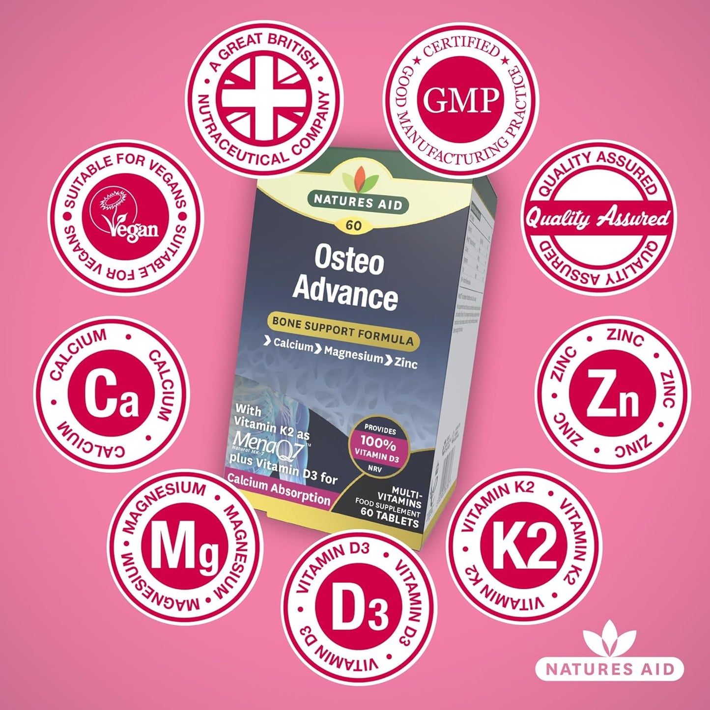 Nature's Aid Osteo Advance Bone Support Formula 60 Tablets - Calcium, Magnesium, Zinc, Vitamin D3 & K2 (MenaQ7), Bone Strength, Teeth Health & Calcium Absorption,