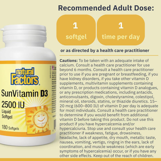 Natural Factors Sun Vitamin D 2500 IU 180 Softgels D3 Vitamin | HIGH POTENCY, Helps Prevent Vitamin D3 Deficiency