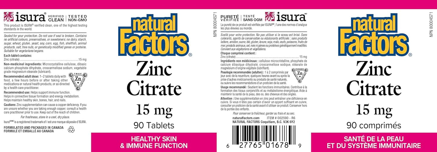 Natural Factors Zinc Supplements 15mg, 90 Tablets | Zinc Citrate, Healthy Skin & Immune Support, Vegan, Gluten Free, Non-GMO
