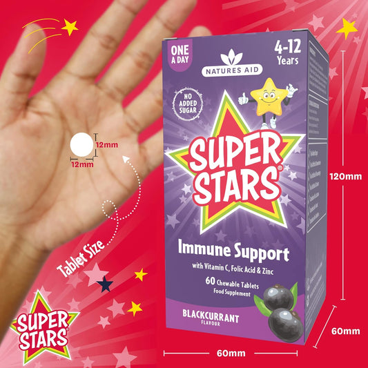 Natures Aid Super Stars Immune Support Chewable Supplement – 60 Tablets | Vitamin C, Zinc, Elderberry & Folic Acid, For Kids Ages 4-12, Supports Immunity, Growth & Energy, Vegan