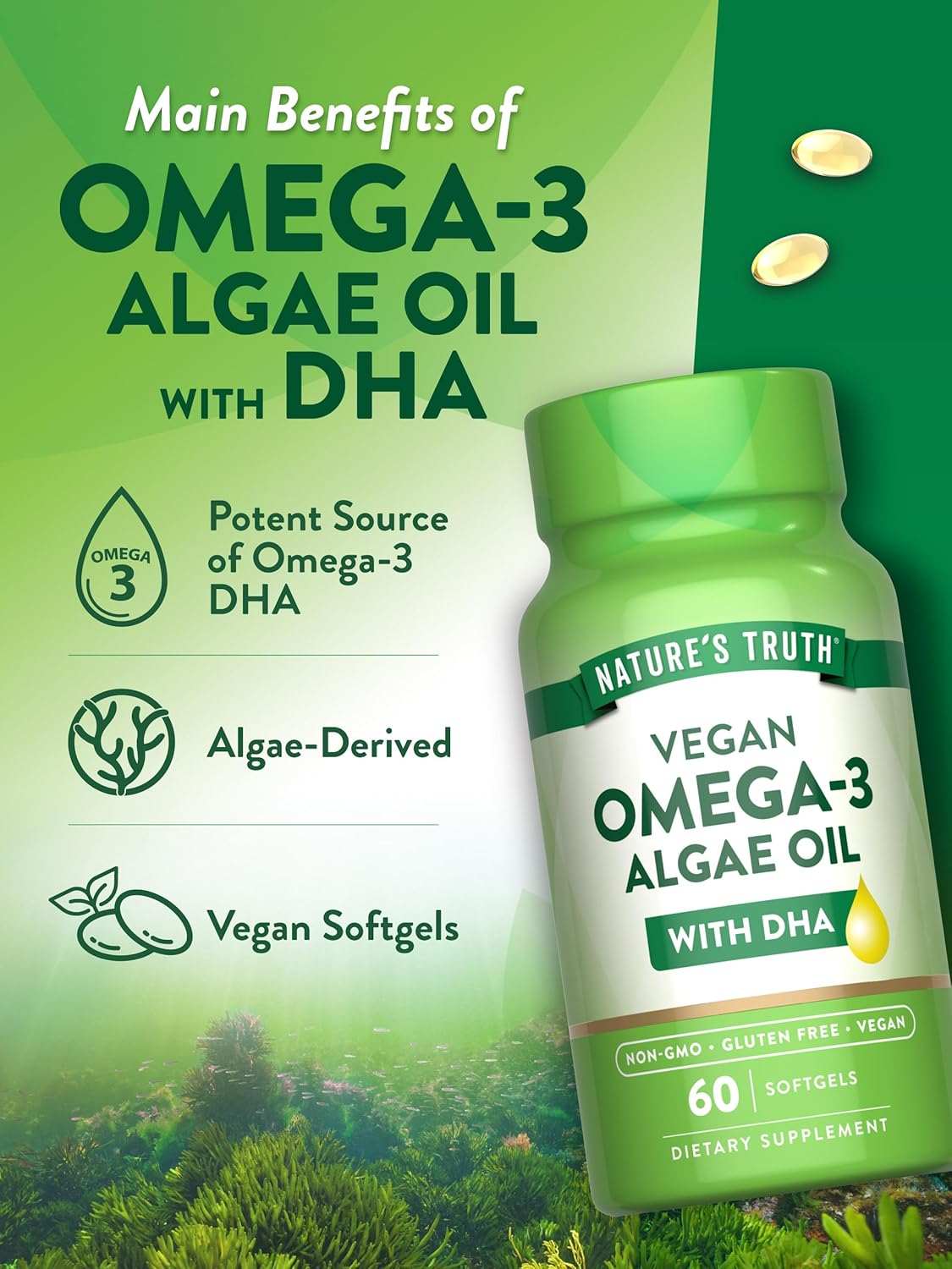 Nature's Truth Vegan Omega 3 Softgels | 60 Count | Algae Oil Formula with DHA | Non-GMO & Gluten Free