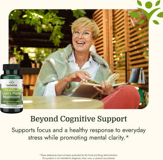 Swanson Lion's Mane Mushroom, 500 mg, 60 Vegan Capsules, | For Professionals Seeking Mental Focus, Memory, and Clarity Support, Supports Healthy Nerve Cell Growth