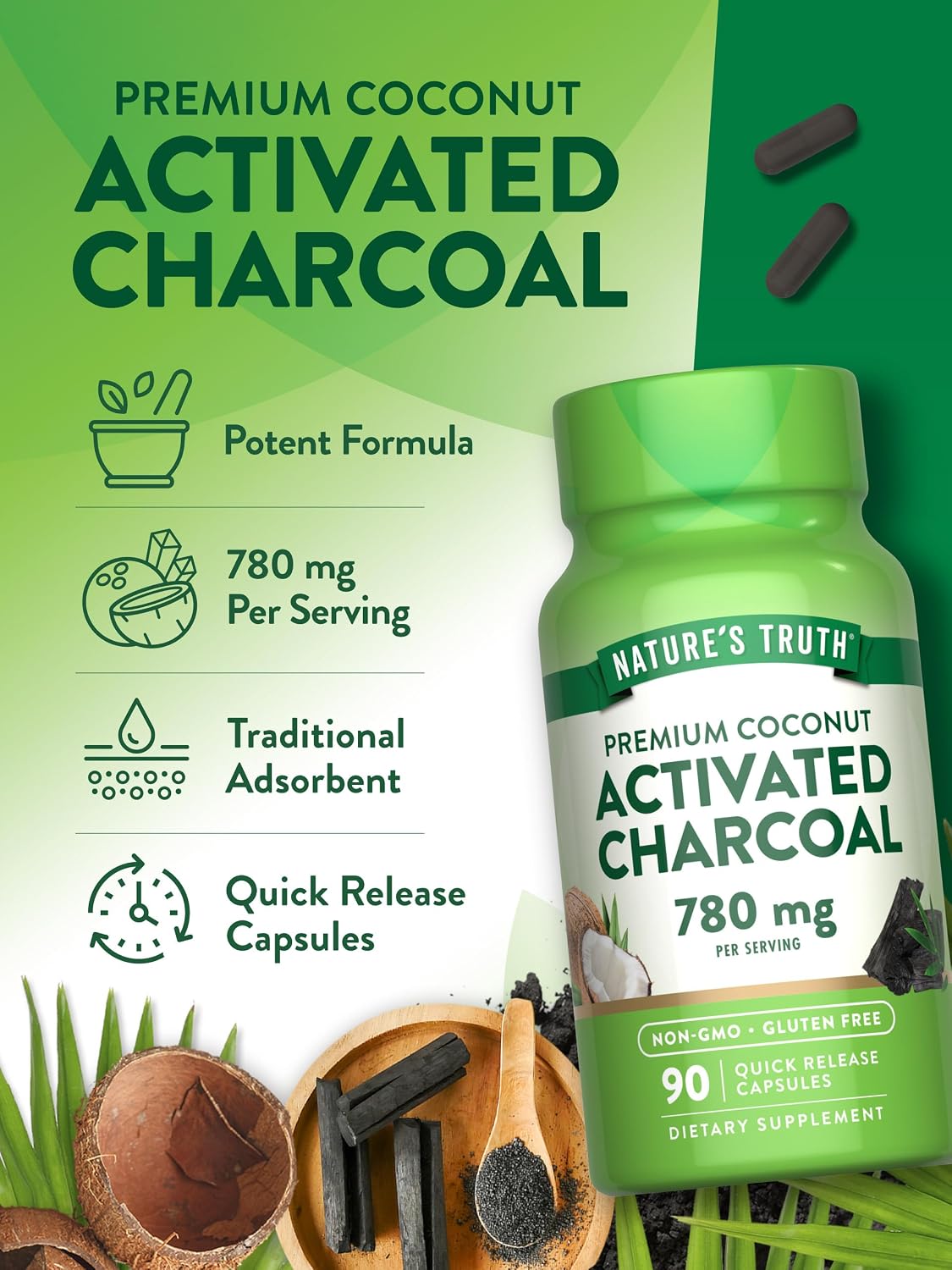 Nature's Truth Activated Charcoal Capsules | 90 Count | Non-GMO & Gluten Free Supplement