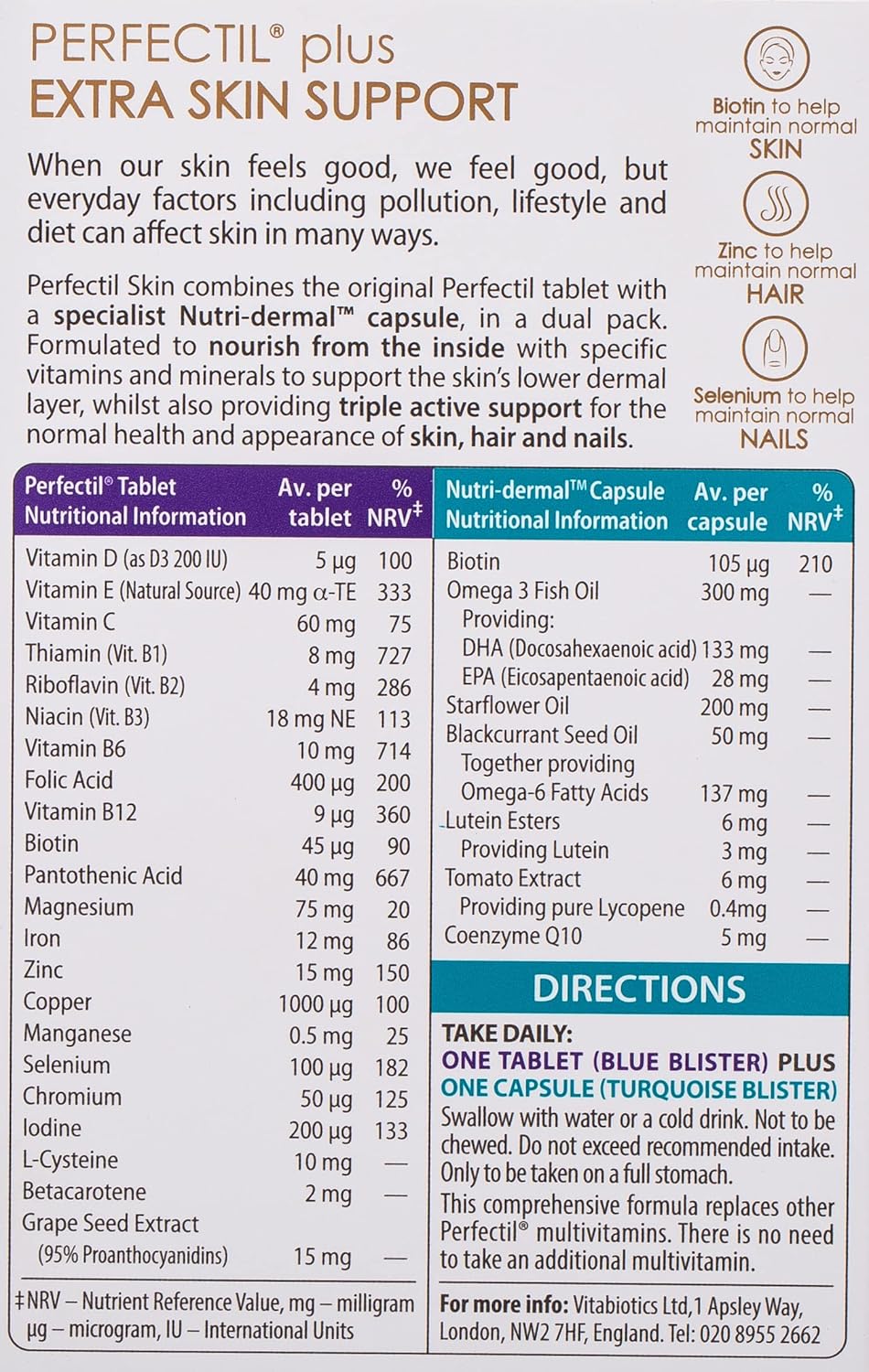 Vitabiotics, Perfectil Triple Active, Essential Nutrients to help maintain healthy Skin, Hair & Nails, 56-Count