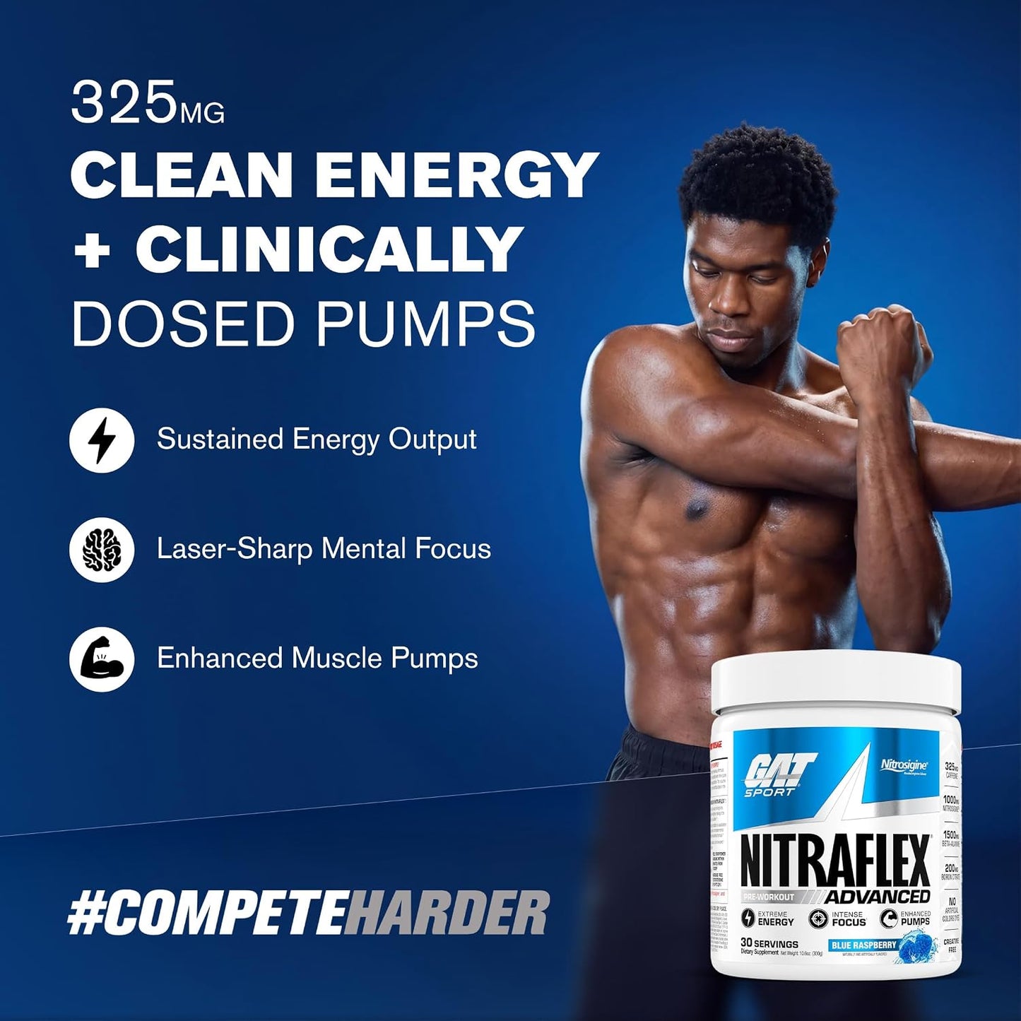 GAT SPORT NITRAFLEX Advanced, Blue Raspberry, 300G (30 Servings) | Pre-Workout Powder, Energy Drink Mix, Supports Healthy Blood Flow, Boosts Strength & Energy, Creatine-Free