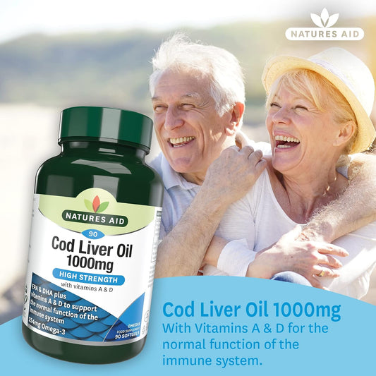 Natures Aid Cod Liver Oil 1000mg – 90 Capsules | High Strength Omega-3 with Vitamins A & D, Supports Immune System, Heart, Brain, Vision & Joints