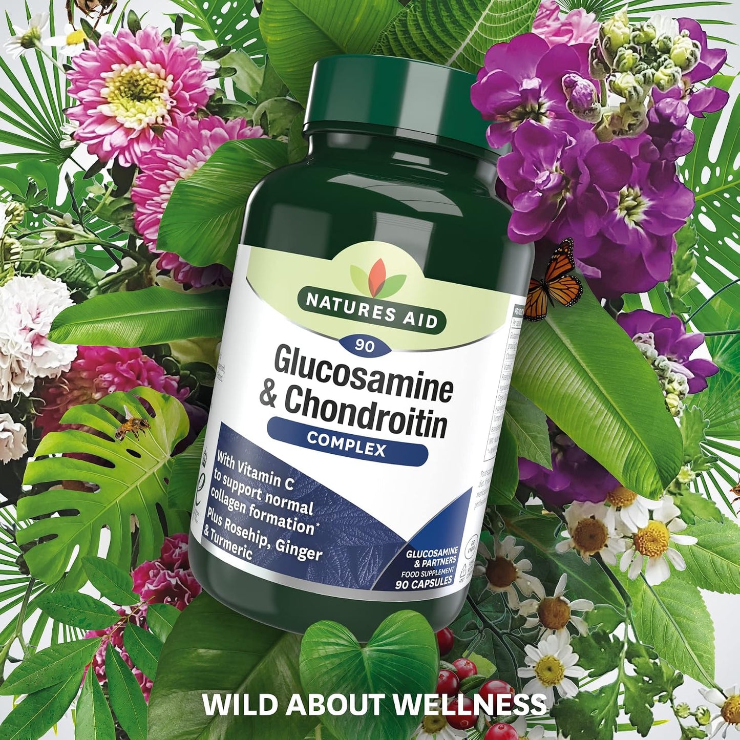 Natures Aid Glucosamine & Chondroitin Complex - Rosehip Ginger Turmeric Vitamin C Supplement - Joint Support Mobility, Flexibility & Cartilage Health - Non-GMO, Gluten-Free - 90 Capsules