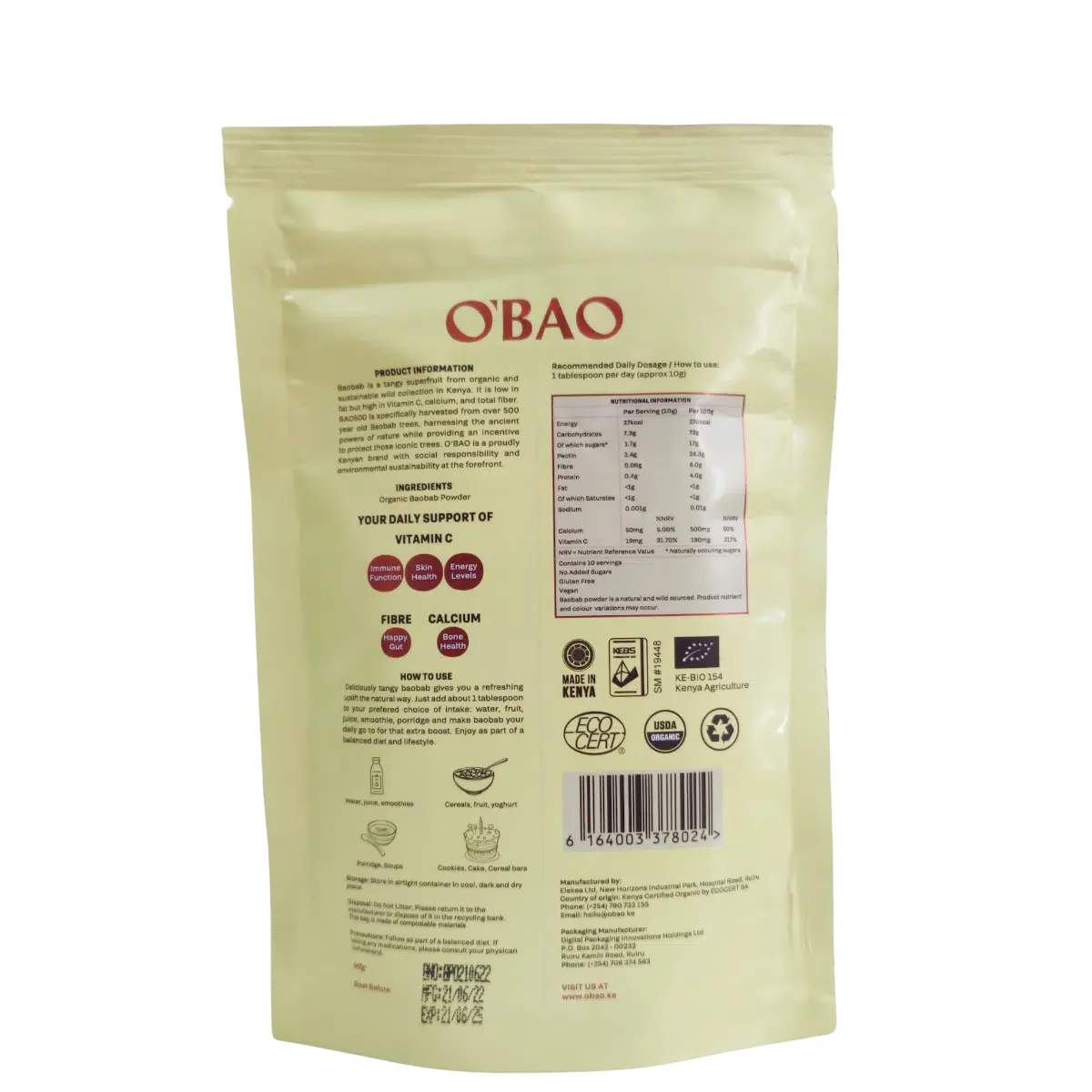O'BAO Organic Baobab Powder 100gm