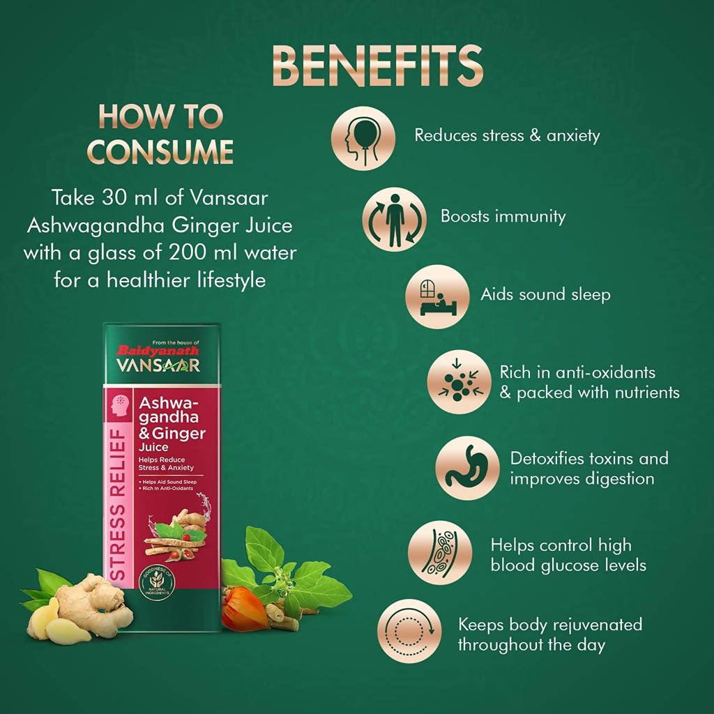 Baidyanath Ashwagandha & Ginger – 1Ltr-Helps Boost Strength & Stamina | Stress Relief | 100%
