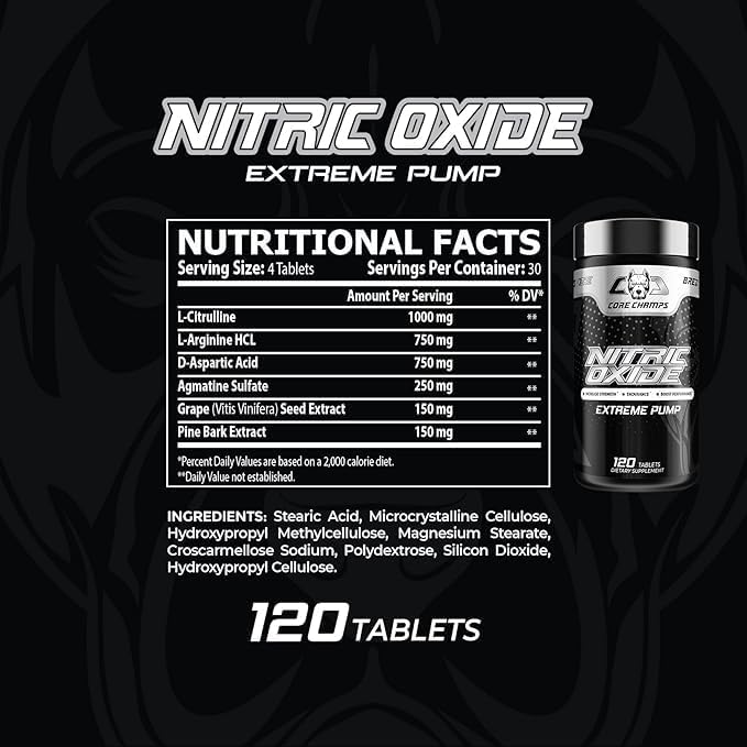 CORE CHAMPS Nitric Oxide, Strength, Extreme Pump - 120 Tablets-Faster Muscle Growth, Accelerates Recovery, Boosts Endurance, Nitric Oxide Booster, Improved Blood Flow, Muscle Fullness.