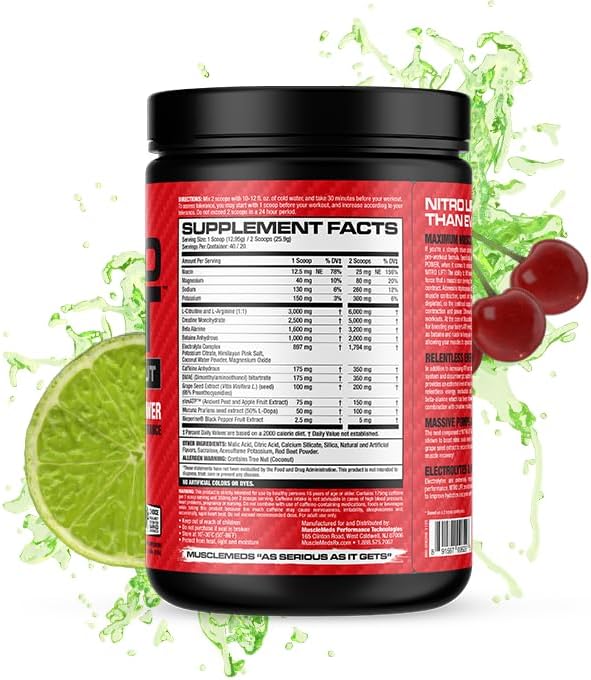 MuscleMeds Nitro Lift Pre Workout Enhance Endurance and Muscle Performance, Cherry Lime, 40 Servings