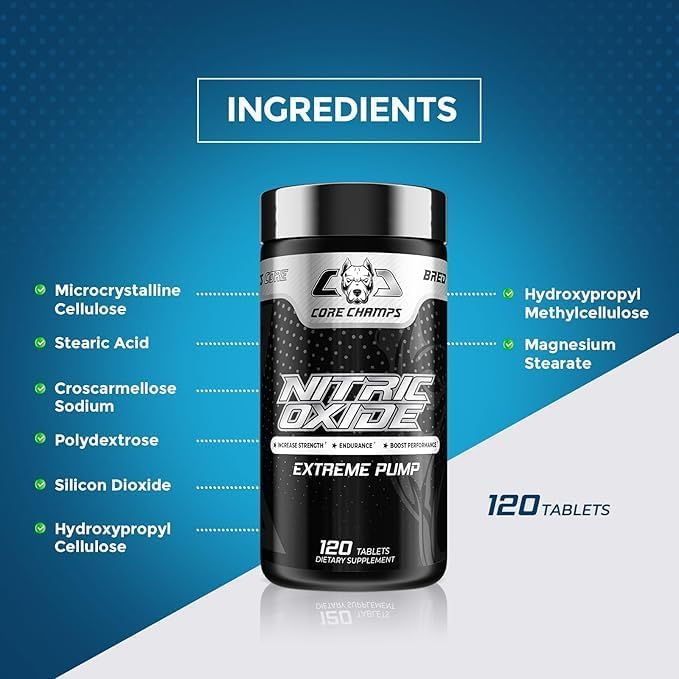 CORE CHAMPS Nitric Oxide, Strength, Extreme Pump - 120 Tablets-Faster Muscle Growth, Accelerates Recovery, Boosts Endurance, Nitric Oxide Booster, Improved Blood Flow, Muscle Fullness.
