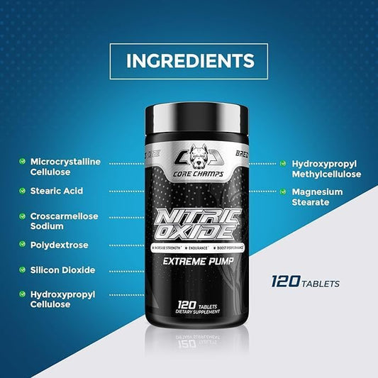 CORE CHAMPS Nitric Oxide, Strength, Extreme Pump - 120 Tablets-Faster Muscle Growth, Accelerates Recovery, Boosts Endurance, Nitric Oxide Booster, Improved Blood Flow, Muscle Fullness.