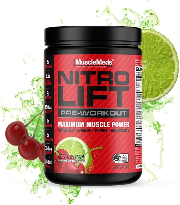MuscleMeds Nitro Lift Pre Workout Enhance Endurance and Muscle Performance, Cherry Lime, 40 Servings