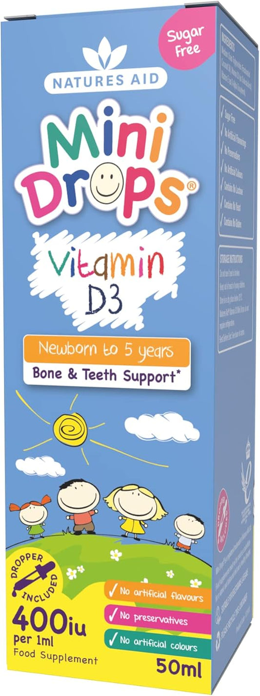Natures Aid Mini Drops Vitamin D3 Liquid Supplement - 50ml | For Infants & Kids, Supports Bone, Teeth & Immune System, Sugar Free, Vegan, Non-GMO, Gluten-Free, Dropper Included
