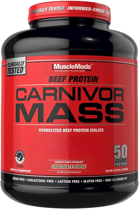 MuscleMeds Carnivor Mass Gainer Beef Protein Isolate Shake, 50 Grams Protein, 125 Grams Carbs, 0 Fat, 0 Sugar, Lactose Free, ChocolateFudge, 6 Pound
