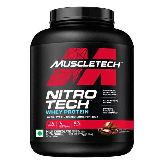 MuscleTech Nitro-Tech Whey Protein, 1.81kg (4lbs)-41 servings  Milk Chocolate, 30g Protein, 3g creatine monohydrate,  BCAA, ultimate muscle building formula, increase strength & performance