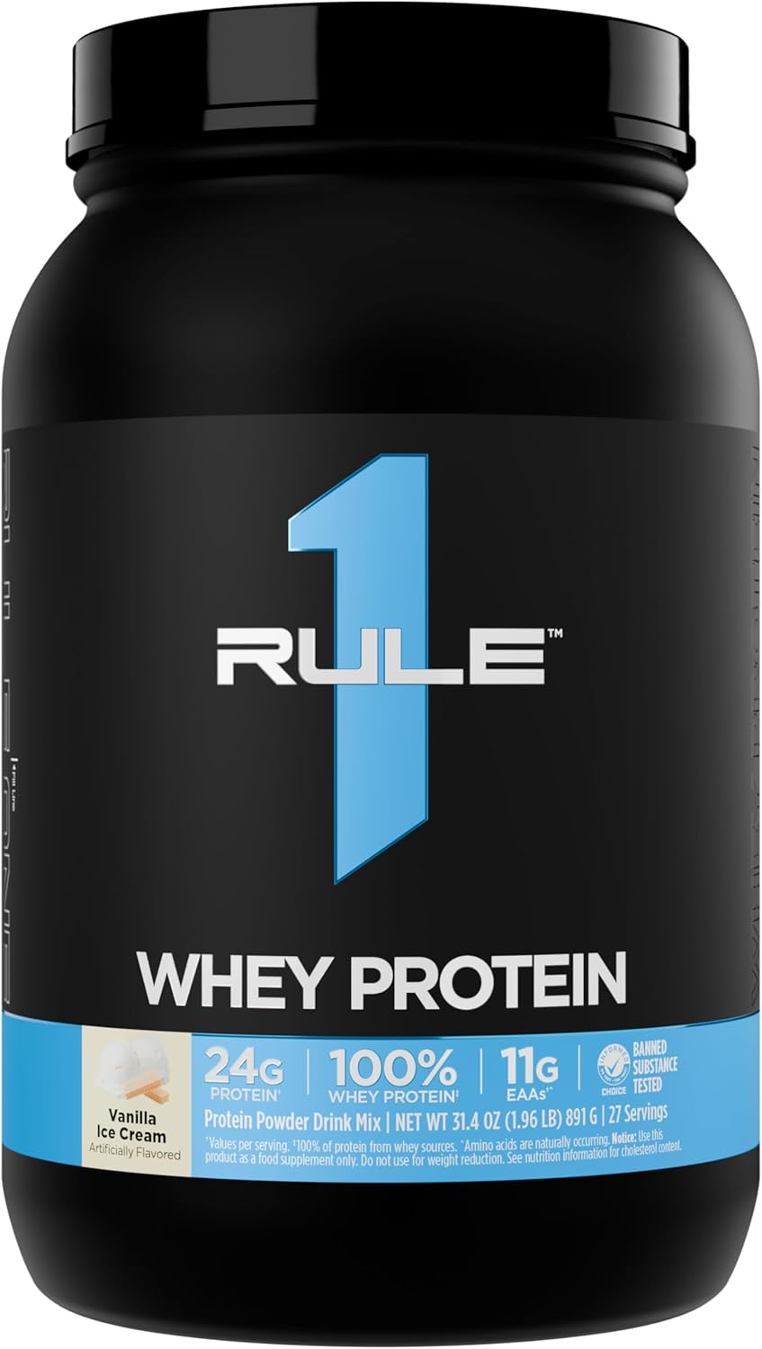 Rule 1 Proteins Whey Protein Powder 891g, Vanilla Ice Cream, 27 Servings -24g Fast-Acting Protein from All-Whey Sources with Naturally Occurring EAAs & BCAAs for Workout Recovery or Anytime Use