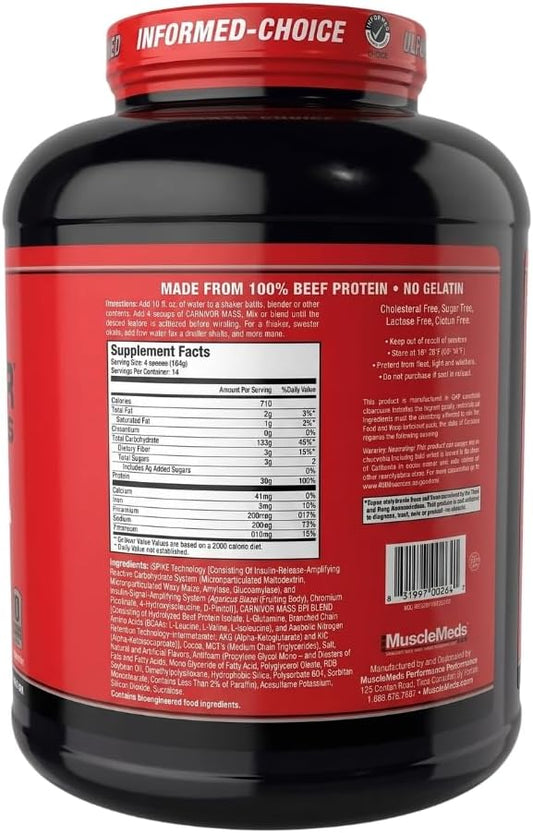 MuscleMeds Carnivor Mass Gainer Beef Protein Isolate Shake, 50 Grams Protein, 125 Grams Carbs, 0 Fat, 0 Sugar, Lactose Free, ChocolateFudge, 6 Pound