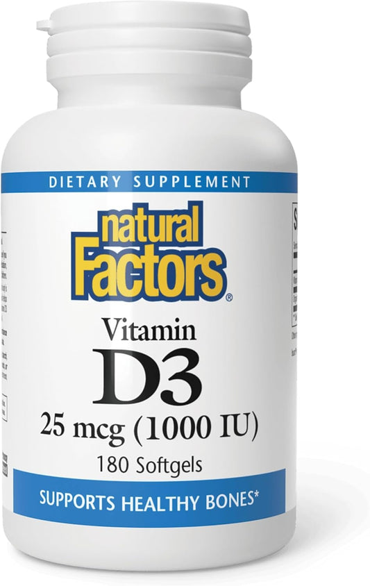 Natural Factors, Vitamin D3 1000 IU (25 mcg), Supports Strong Bones, Muscles and Immune Function, 180 Tablets