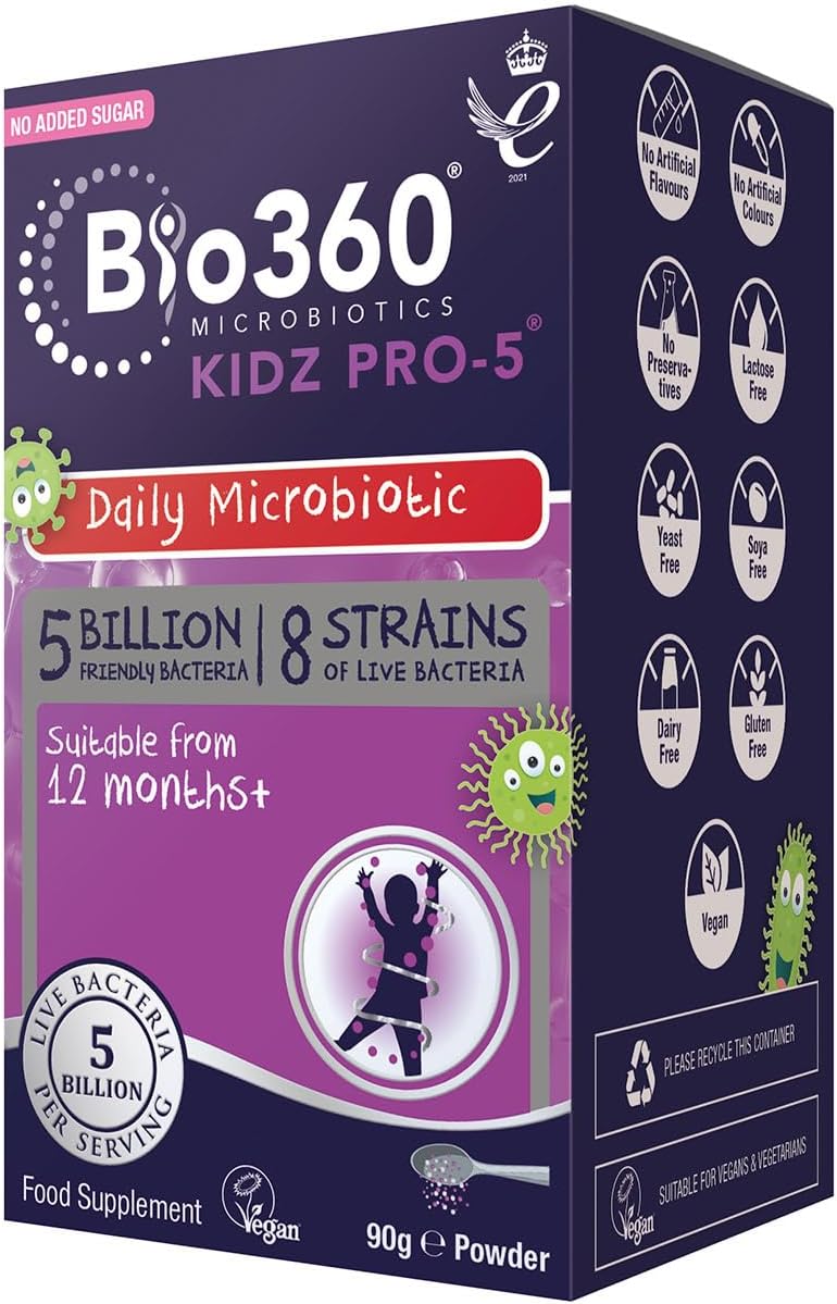 Natures Aid Bio360 Kidz Pro-5 Daily Microbiotic Supplement Powder - 90g | 5 Billion Friendly Bacteria, For Children 12 Months-12 Years, Sugar Free, Vegan