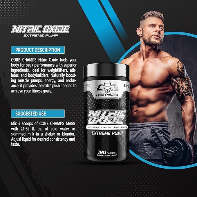 CORE CHAMPS Nitric Oxide, Strength, Extreme Pump - 120 Tablets-Faster Muscle Growth, Accelerates Recovery, Boosts Endurance, Nitric Oxide Booster, Improved Blood Flow, Muscle Fullness.