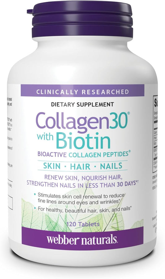 Webber Naturals Hydrolyzed Collagen Peptides, with Biotin, 120 Tablets | Bioactive Collagen30 with Biotin, 40 Days Supply, For Advanced Nourishment of Skin, Hair and Nails, Dairy & Gluten Free